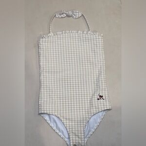 Crinkle Gingham Print Lined Adjustable Halter Tie One-Piece